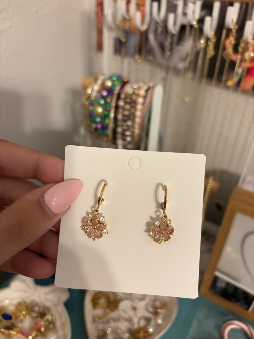 Gold Floral Pink Crystal Drop Earrings - Women Jewelry
